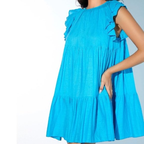 Aqua Neon Blue Linen Solid Ruched Ruffle Hem Dress- 6 - Picture 4 of 5